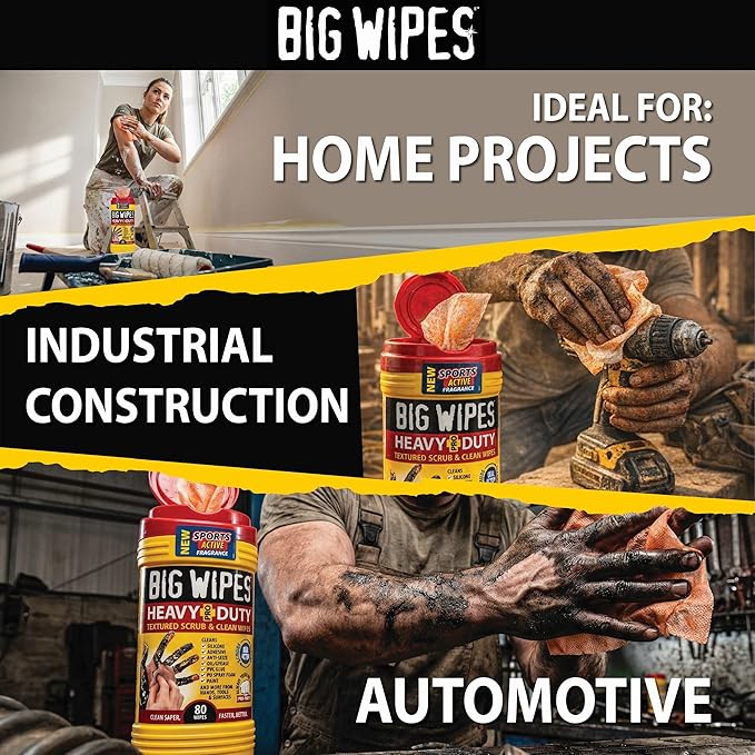 BIG WIPES Heavy Duty Industrial Hand Cleaning Wipes, Textured Scrubbing Degreaser Wipes for Mechanics and Tool Cleaner – 80 Count Canister (8 Pack)