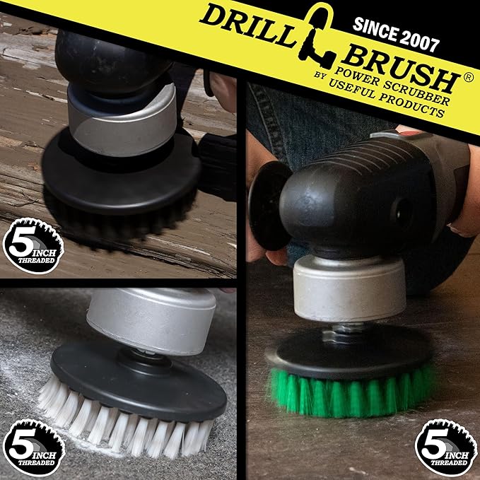 Drillbrush Construction Tools - Soft, Medium, Ultra Stiff - 3 Scrub Brush Kit - Threaded 5/16 x 24 - Fits Electric - Cordless - Air Pneumatic - Dual Action Orbital Polisher Machine - Rotary - Buffer