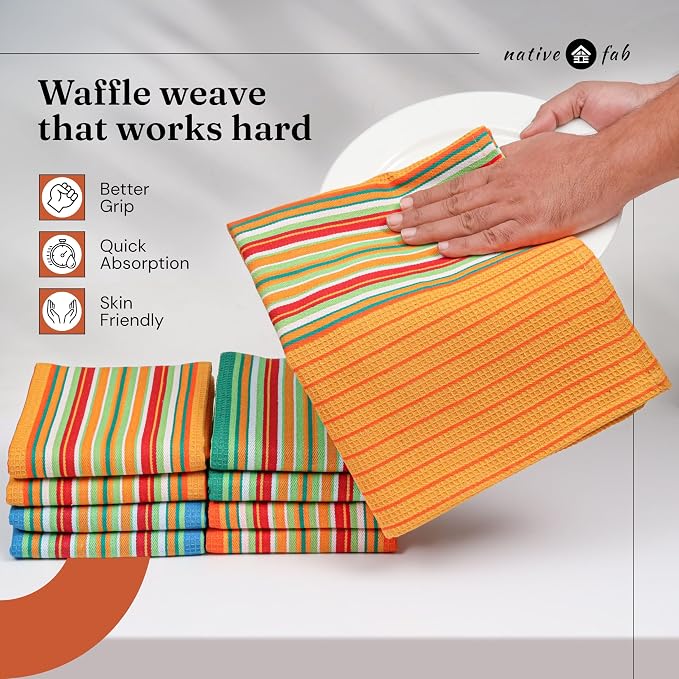 Native Fab Mexican Salsa Stripe Kitchen Towels, 12 Pack, 18x28 Inches, 100% Cotton, Soft, Super Absorbent Dish Towels for Drying Dishes, Everyday Kitchen Use, Reusable, Washable, Mustard Yellow