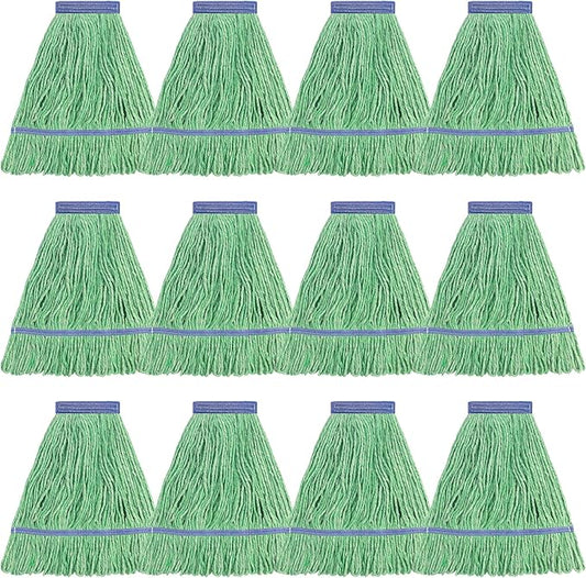 Matthew Cleaning Heavy Duty Mop Head Commercial Replacement for General and Floor Cleaning , Wet Industrial Blue Cotton Looped End String Head Refill (Pack of 12) Green