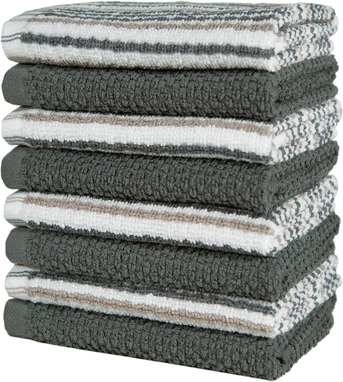 Bumble Towels Premium Dish Cloths 12"x12" | 100% Natural Ring Spun Cotton Tea Towel Set | 430 GSM | Highly Absorbent & Soft | 8 Pack - 4 Popcorn Striped & 4 Solid Kitchen Towels - Gray