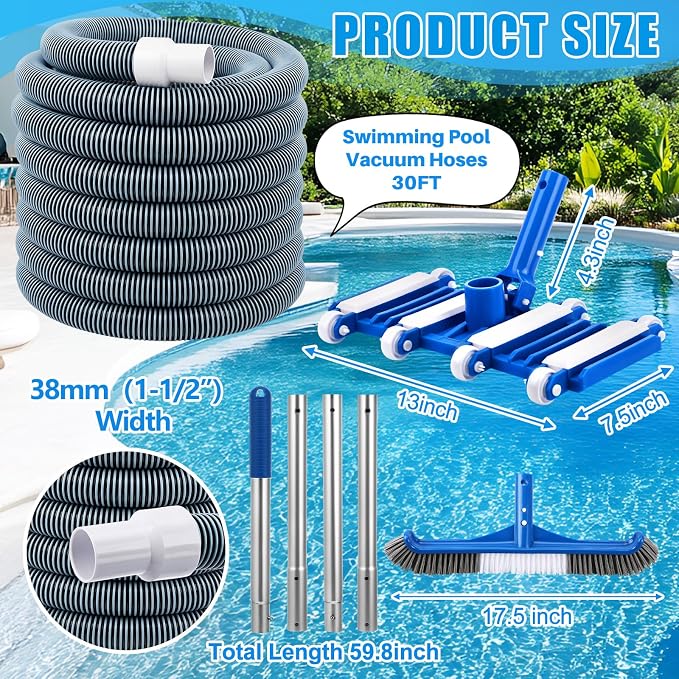 4 Pcs Swimming Pool Cleaning Kit Including Pool Vacuum Head with 1-1/2" x 30 ft Hoses Flexible Head with Wheels and Pole 14 '' Cleaning Brush for Inground Above Ground Swimming Supplies