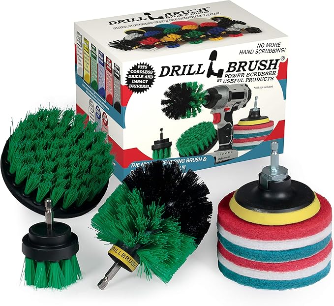 Drillbrush Kitchen Cleaning Supplies - Whole Household Scrubbing Pads and Medium Stiffness Brushes - Stove Top and Oven Rack Cleaning Brush Kit - Sink, Tile, Laminate, Vinyl, Pan, Countertop Scrubber