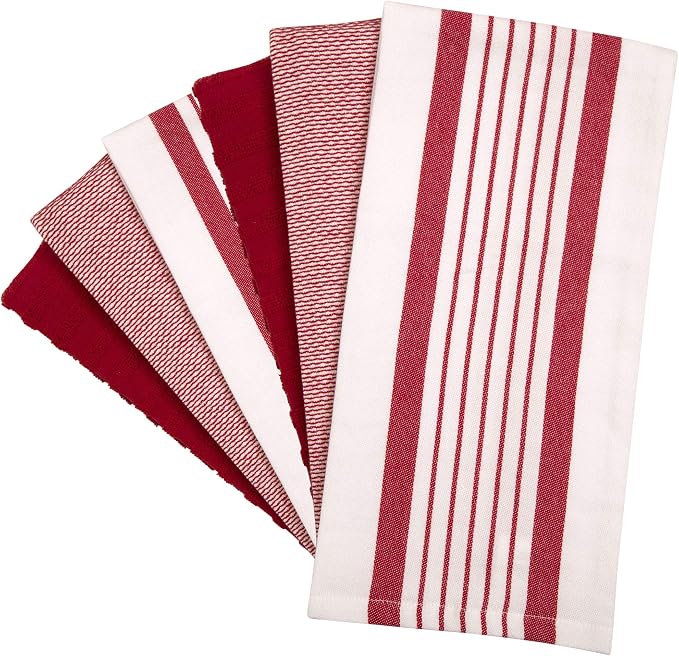 Premium Kitchen Towels (20”x 28”, 6 Pack) | Large Cotton Dish Towels | Flat & Terry Highly Absorbent Kitchen Linen Set with Hanging Loop | Red Striped