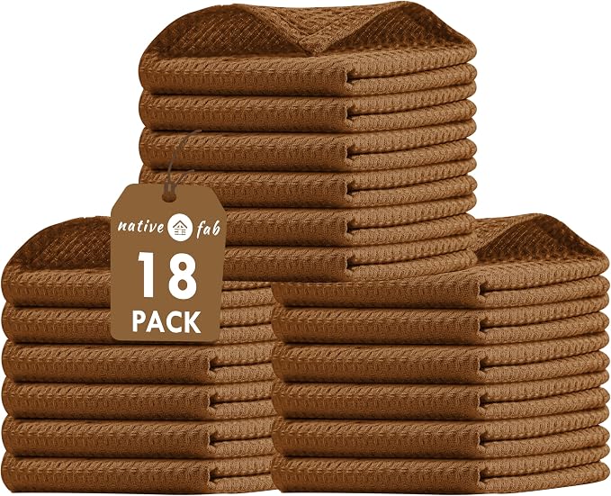 Native Fab 18 Pack Waffle Dish Cloths - 12x12 inch, 100% Cotton, Absorbent, Quick Drying, Washable & Reusable Towels for Cleaning, Cooking, Baking - Ideal for Home, Restaurants, Hotels, Cafes - Brown