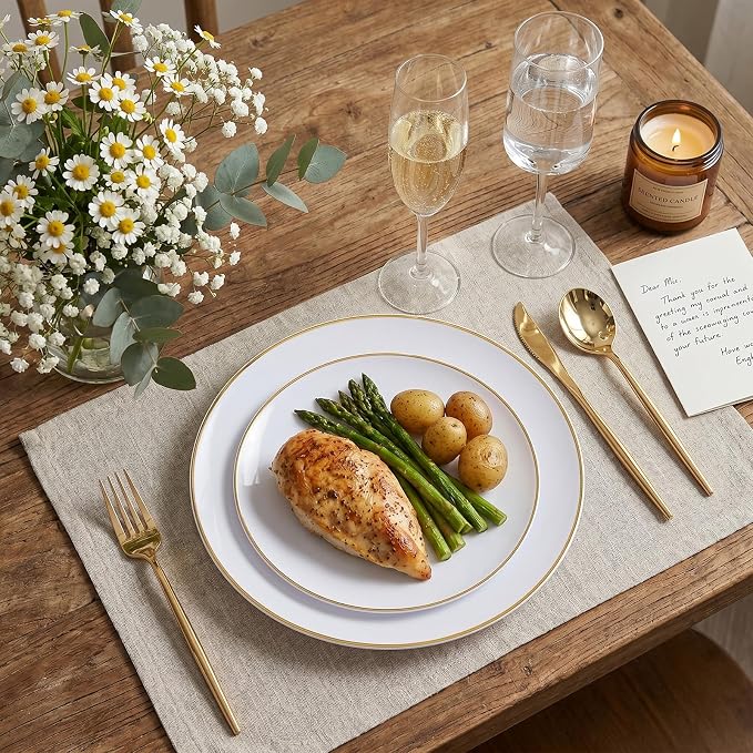 I00000 150PCS White and Gold Plastic Plates with Disposable Silverware for 30 Guests,Nice Disposable Plates,White Plastic Plates Set Include 30 Dinner Plate,30 Dessert Plate,90 Gold Cutlery for Party