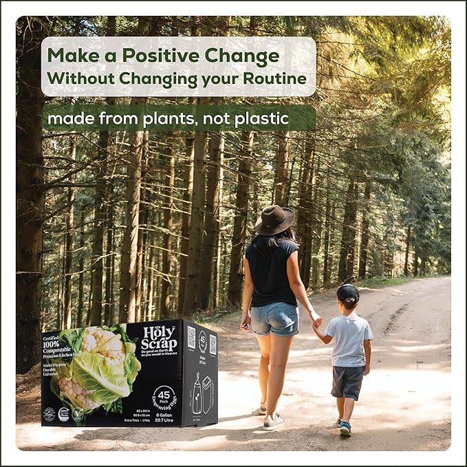 Medium Compostable Drawstring Trash Bags - 6-8 Gallon, 45 Pack | Plastic-Free Kitchen & Bathroom Garbage Bags with Drawstring Handles | Thick Bin Bag Liners for Green & Food Waste