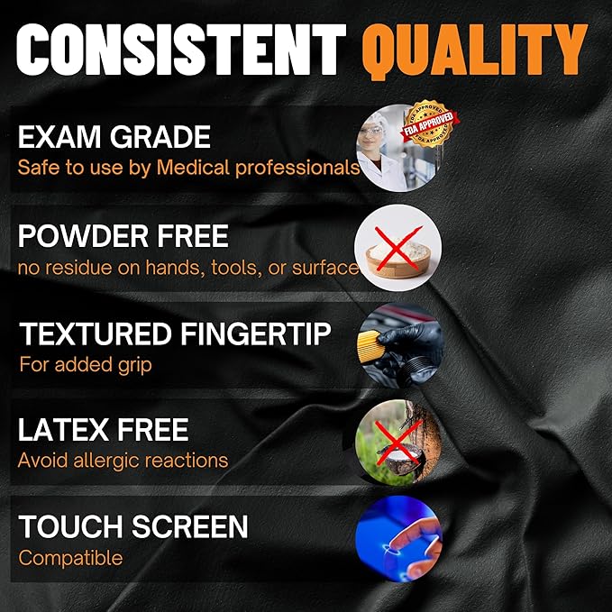 Black Nitrile Gloves 6 Mil | Heavy Duty, Latex-Free, Powder-Free | Food, Mechanic, Exam Disposable Gloves 1000