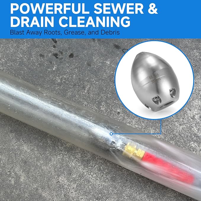Tool Daily 3/8” NPT Sewer Jetter Nozzle for Pressure Washer, Stainless Steel Sewer Jet Nozzle for Drain Cleaning, 40 L/Min, 3000 PSI