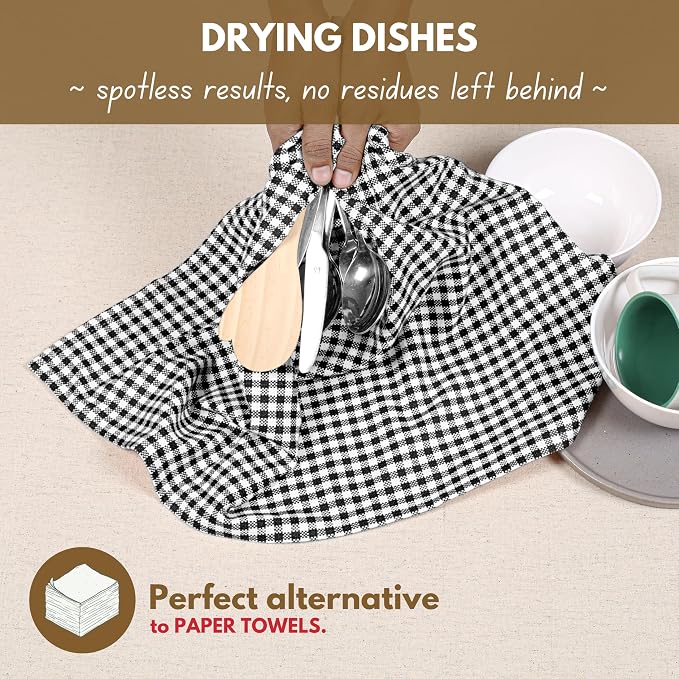 Native Fab 6 Pack Gingham Mini Check Kitchen Hand Towels Set - 100% Cotton Absorbent Reusable Dishcloths 16"x26" - Quick Drying Dish Towels with Hanging Loops for Kitchen, Black White