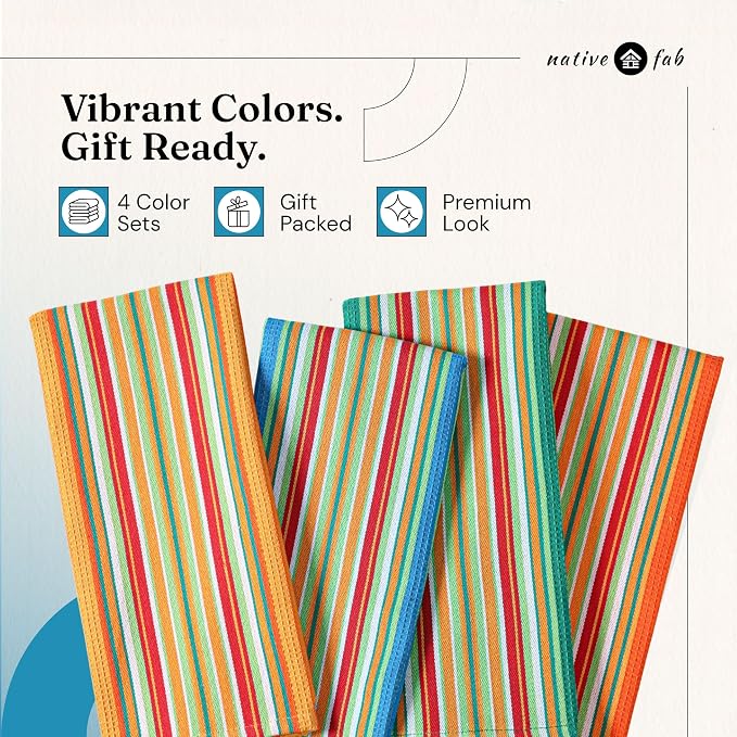 Native Fab Mexican Salsa Stripe Kitchen Towels, 12 Pack, 18x28 Inches, Cotton Dish Towels, High Absorbent, Rustic Farmhouse Boho Kitchen Decor, Reusable, Washable Dishcloth Set, Turquiose Blue