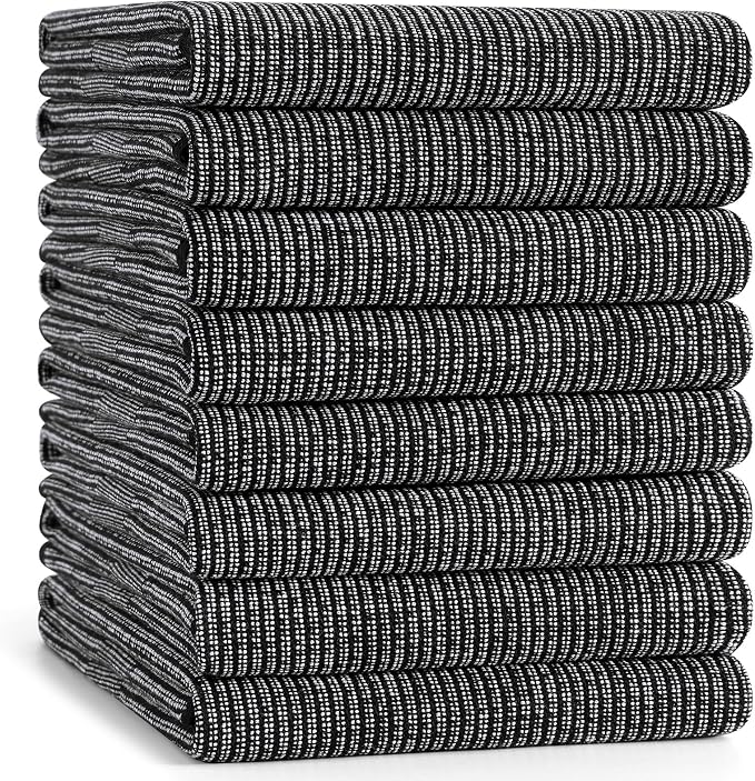 Mordimy Premium Kitchen Towels 8 Pack (18 x 28 Inches, Black), Large Cotton Kitchen Hand Towel, Flat & Terry Dish Towels for Drying Dishes, Super Absorbent Tea Dishtowels Set with Hanging Loop