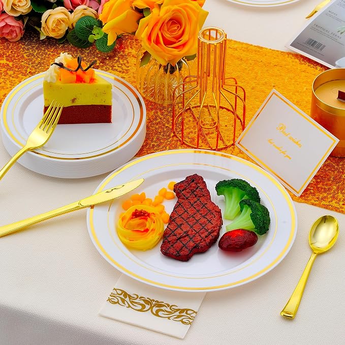 350 PCS Gold Plastic Dinnerware for 50 Guests, Gold and White Plastic Disposable Plates, 50 Dinner Plates, 50 Dessert Plates, 50 Silverware Set, 50 Cups, 50 Napkins for Party