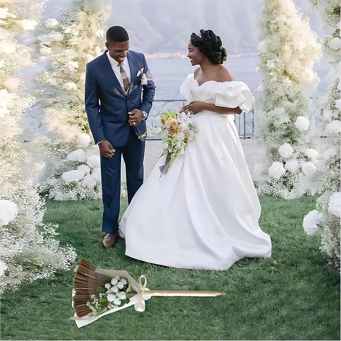 Wedding Broom for Jumping Ceremony, African American Decorative Broomstick DIY Wedding Decor, with White Roses & Babys Breath