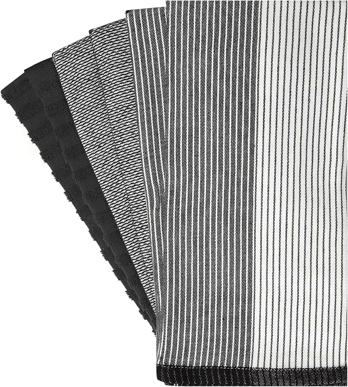 Premium Kitchen Towels (20”x 28”, 6 Pack) | Large Cotton Dish Towels | Flat & Terry Highly Absorbent Kitchen Linen Set with Hanging Loop | Black
