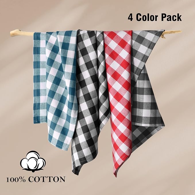 Gingham Buffalo Check Kitchen Towels, 4 Pack, 16x26 Inches, 100% Cotton - Super Absorbent, Quick Drying, Hand Towels for Drying Dishes, Dish Cleaning Towels with Hanging Loop, Multi