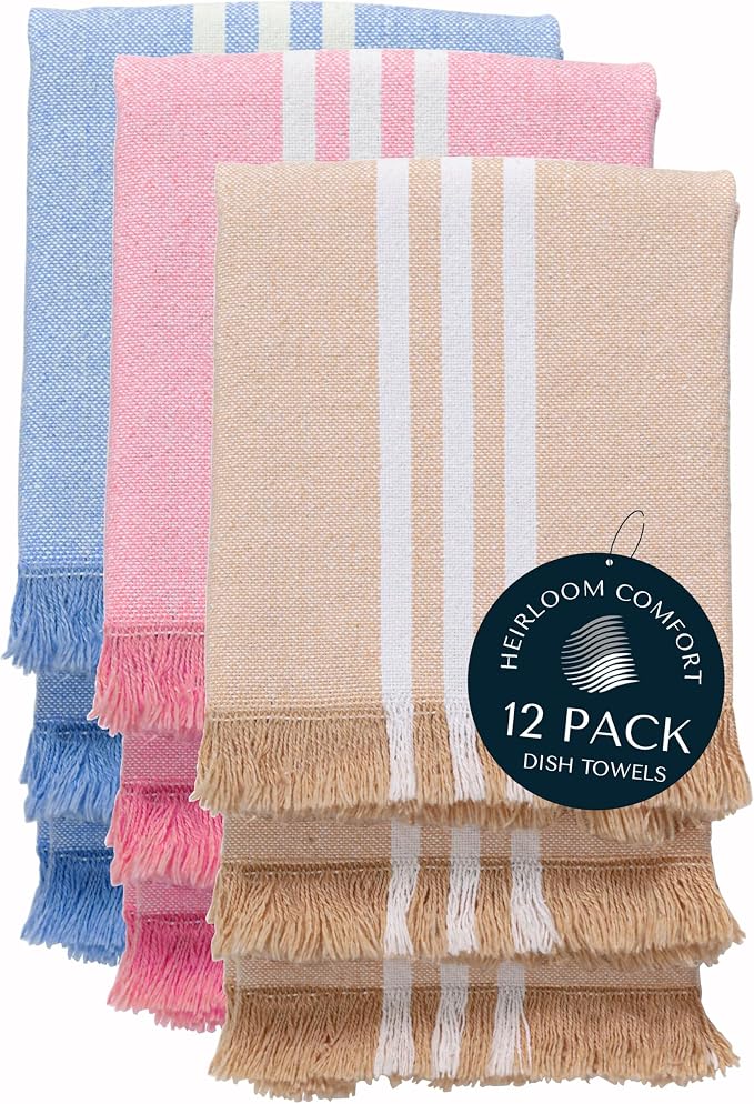 12 Pack Monochrome Stripe Kitchen Towels with Fringes, 16x26 Inch, 100% Cotton, Absorbent & Washable Dish Towels for Drying Dishes, Everyday Kitchen Use, Beige, Rose Pink, Sky Blue