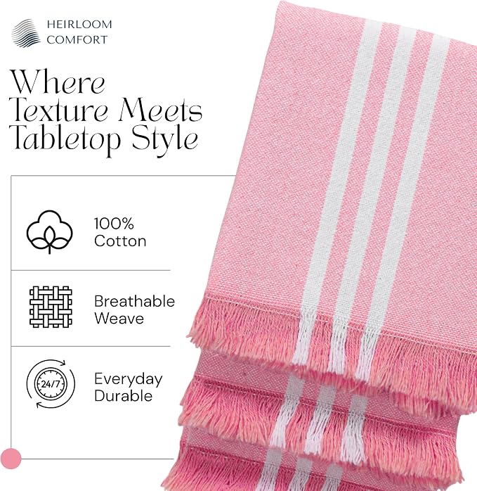 Rose Pink Monochrome Stripe Kitchen Towels 12 Pack, 16x26 Inch, 100% Cotton, Super Absorbent & Quick Dry, Durable, Fringed Dish Towel for Drying Dishes, Washable, Everyday Use