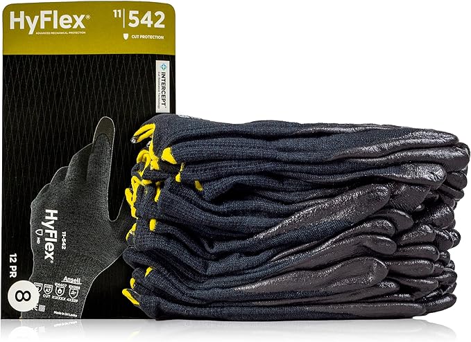 HyFlex 11-542 Cut/Heat-Resistant Kevlar Mechanical Work Gloves w/ Nitrile Palm for Machinery, EMS, Automotive - Size 6, Black (12 Pairs)