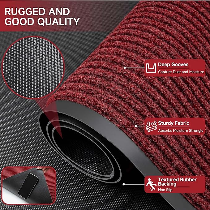 100pointONE Front Door Mat, Heavy Duty Indoor Outdoor Doormat, 60" x 48" Low Profile Outdoor Mats for Home Entrance, Stain and Fade Resistant Welcome Mat Ideal for High Traffic Area, Red