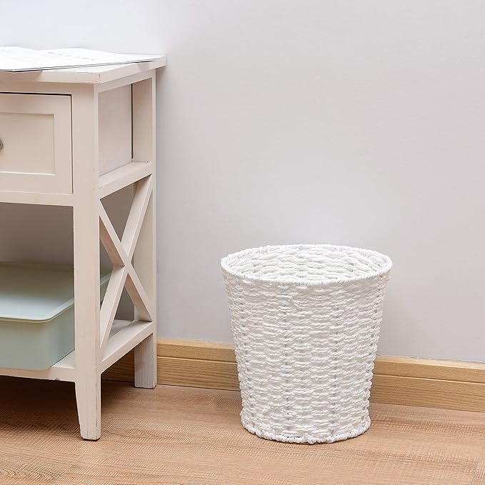 Zuvo Round Wicker Waste Basket Paper Bin - Wicker Trash Basket - Woven Trash Can Rubbish Basket for Bedroom, Bathroom, Offices or Home (White)
