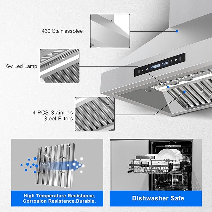 Tieasy 30 inch Range Hood, Wall Mount Kitchen Hood 900 CFM Ducted/Ductless Convertible with Gesture Sensing & Touch Control, Stainless Steel Vent Hood 3 Speed Exhaust Fan, 4 Baffle Filters