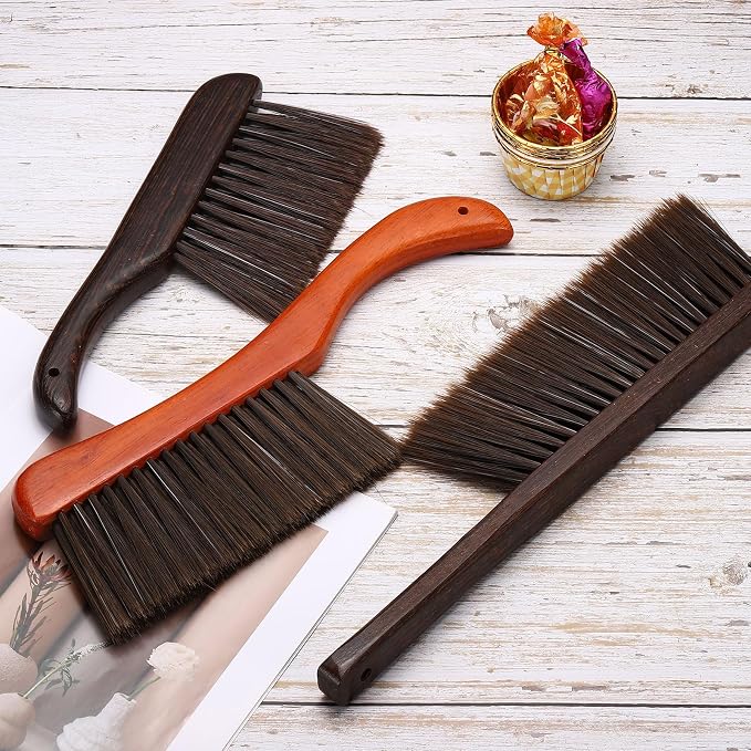 HARFINGTON 2 PCS Hand Broom Brush 11" Soft Bristles Dusting Brush Cleaning Duster with Curved Handle and Three Rows of Bristles for Car Bed Counter Sofa Furniture Clothes, Brown