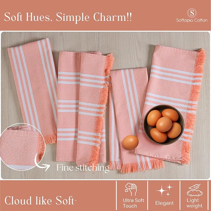 Prewashed Stripe Dish Towels 12 Pack, 16x26 Inches, 100% Cotton Kitchen Cloths, Quick Drying Wash Rags, Reusable and Absorbent, Washable Towels for Cleaning, Cooking - Light Orange