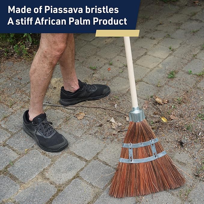 Outdoor Broom Heavy Duty 57” Broomstick with 12” Wide Brush - All Natural Water and Fire-Resistant Piassava Bristles and Wood Handle Brooms for Sweeping Indoor Garage and Garden by Kings County Tools