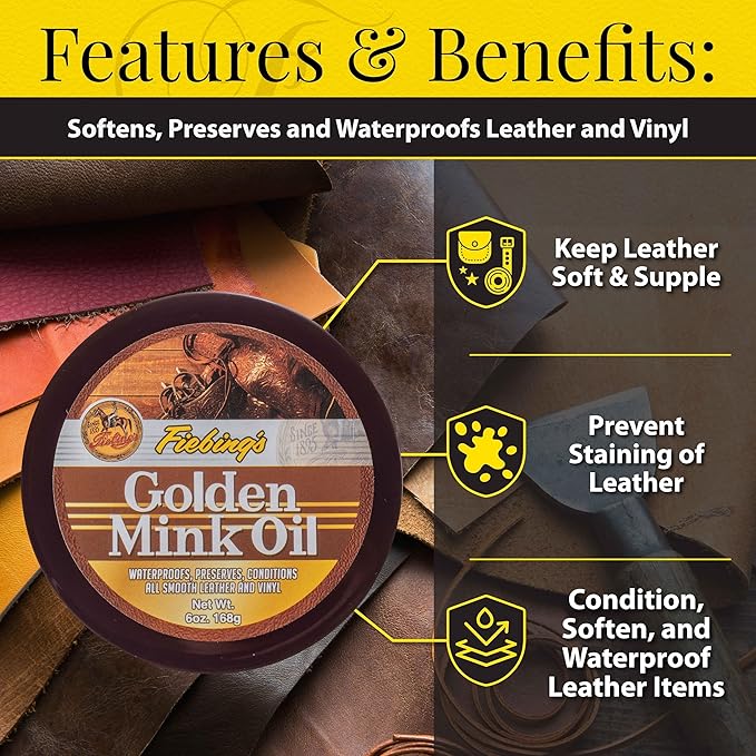 Fiebing's Golden Mink Oil for Leather Boots (6 Pack, 6 oz Each) - Leather Cleaner & Conditioner - Waterproof, Preserve, Soften All Smooth Leathercraft & Vinyl - Prevents Salt Stains On Couch, Purse