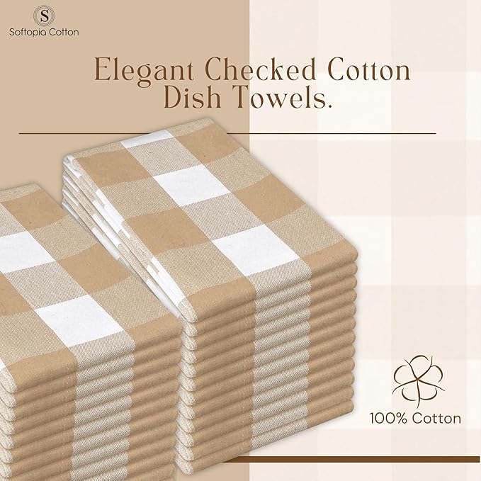 Buffalo Check 4 Pack Kitchen Towels, 16x26 Inches, Classic Farmhouse Plaid Dish Towel, 100% Cotton, Absorbent, Washable for Drying Dishes, Cleaning, Everyday Kitchen Use, Beige White