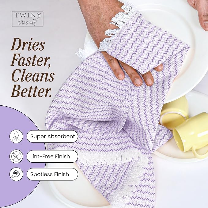 TWINY threads Kitchen Towel Chevron Pattern, Premium Large Kitchen Linen Set, 100% Cotton Wash Rags, Absorbent Quick Drying Cloths, Washable Reusable Multi Purpose, Set of 12, 16x26 Inches, Lavender