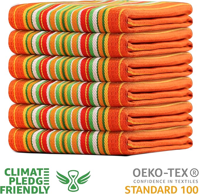 Urban Villa Kitchen Towels Waffle Stripes Dish Towels for Kitchen Orange Waffle Set of 6 Kitchen Towels Highly Absorbent 100% Cotton Over Sized 20X30 in with Mitered Corners Kitchen Hand Tea Towels