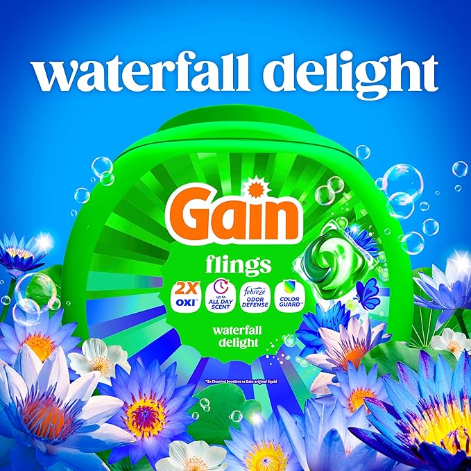 Gain Flings Liquid Washing Detergent Pacs, Now with Odor Defense + Color Guard, Waterfall Delight Scent, 4-In-1 Liquid Laundry Detergent Pods, Clean & Fresh, 112 Count (Packaging May Vary)