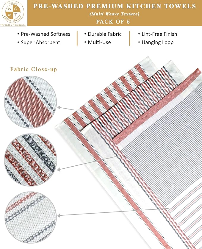 Pack of 6 Cotton Kitchen Towels Set, Dish Towels, Cleaning Rags, Kitchen Dish Cloths for Washing Dishes, Cotton Cleaning Cloths, Ultra Soft, Lightweight & Quick Dry, Flat Weave, 28"x18" (Rust & Gray)