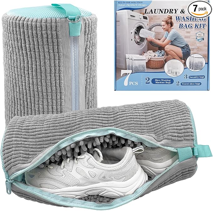 3-IN-1 Laundry & Shoe Washing Machine Bag Kit : Laundry Shoe Bag for Washer and Dryer,Reusable Shoe Cleaning Bag for Sneakers,Tennis,Self-locking Zipper & Microfiber,Include 3 Laundry Bag & 2 Shoe Bag