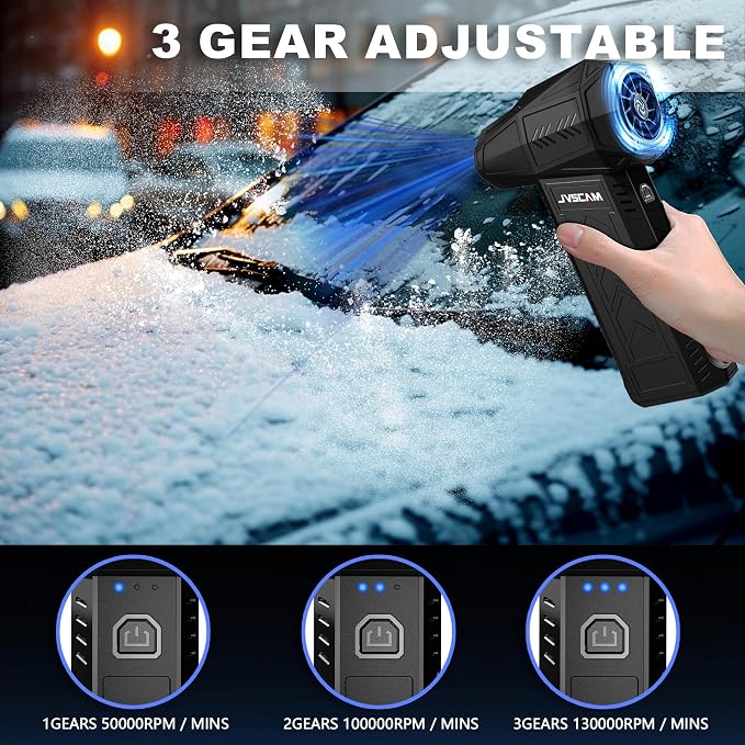 JVSCAM Compressed Air Duster - Electric Air Duster with Brushless Motor - 3 Gear Adjustable Cordless Air Blower - Rechargeable Air Duster for PC, Keyboard, Car, Outdoors, Home