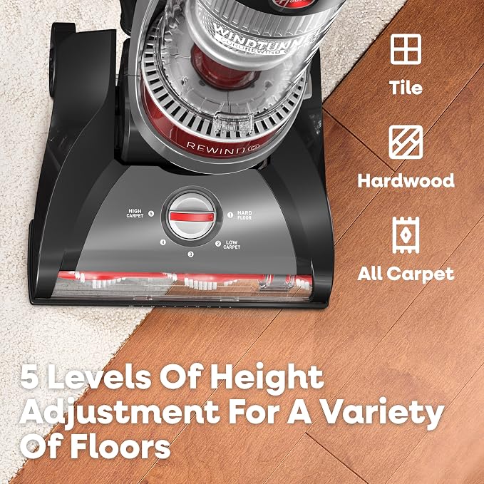 Hoover WindTunnel Cord Rewind Pro Bagless Vacuum Cleaner, Corded Upright Vacuum Cleaner for Carpet and Hard Floor, Multi-Cyclonic Filtration, 25ft Auto-Rewind Cord, 5-Height Adjustment