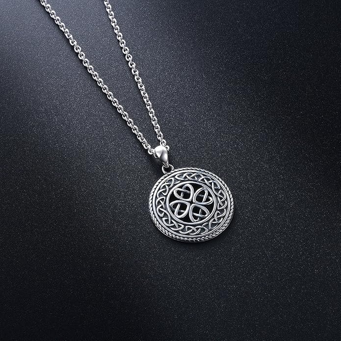 DAOCHONG 925 Sterling Silver Jewelry Oxidized Good Luck Irish Knot Celtic Medallion Round Pendant Necklace, 20 inch