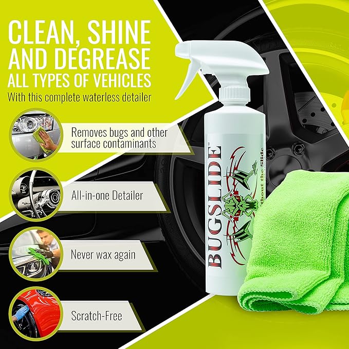 BugSlide Cart Combo - Shop Kit 16oz Spray Bottle Cleaner with Microfiber Towel and Mesh X-Treme Cloth - Multisurface Cleaning and Car Detailing Solution that Shines and Degreases Without Scratching