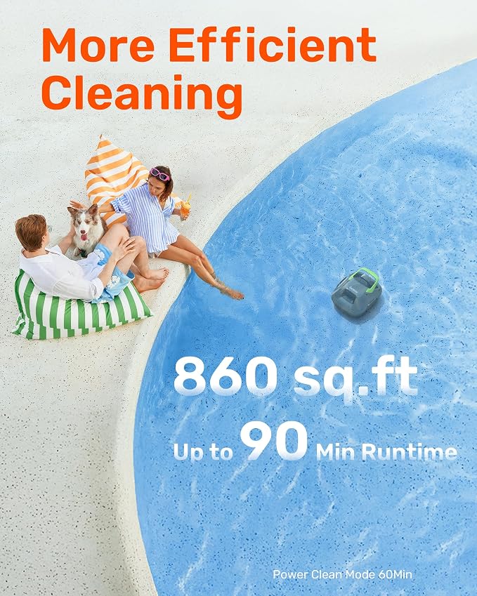 Gosvor LiteVac 800 Pool Vacuum, Dual Cleaning Modes, Cordless Robotic Pool Cleaner Lasts 90 Mis, Self-Parking, Portable, 1200-1900GPH, Ideal for Above Ground Pool up to 860 sq.ft, Green