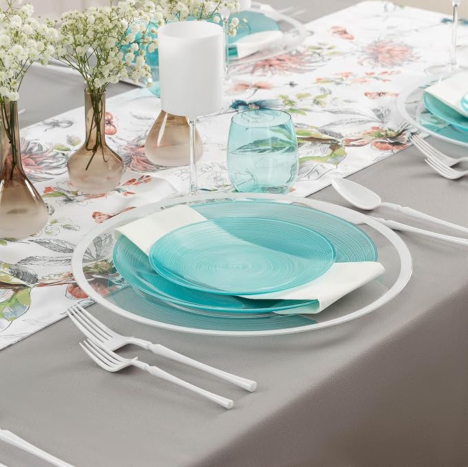 PLASTICPRO 32 Pieces Crystal Design Plastic Plates Combo Pack 7 inch and 10 inch Elegant Disposable Plates, Transparent Aqua Blue