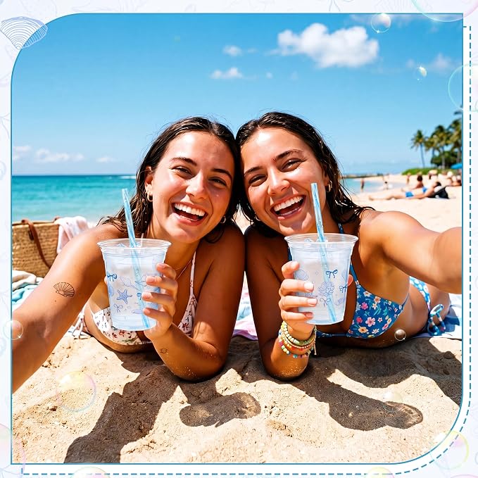 Tanlade 60 Pcs Ocean Party Plastic Cups 12 oz Blue Bow Seashell Starfish Seashell Coastal Nautical Sea Theme Disposable Cups for Baby Shower Summer Theme Birthday Wedding Party Supplies Decorations