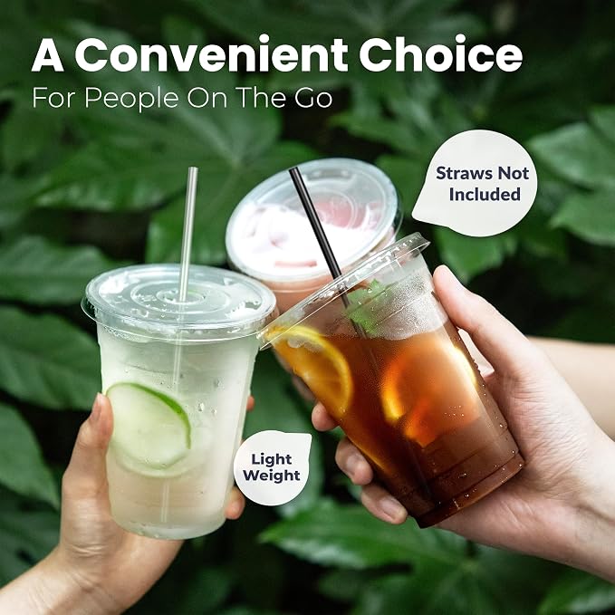 Fit Meal Prep 100 Pack 20 oz Clear Plastic Cups with Flat Lids, Disposable Iced Coffee Cups, BPA Free Premium Crystal Smoothie Cup for Party, Lemonade Stand, Cold Drinks, Juice, Milkshake