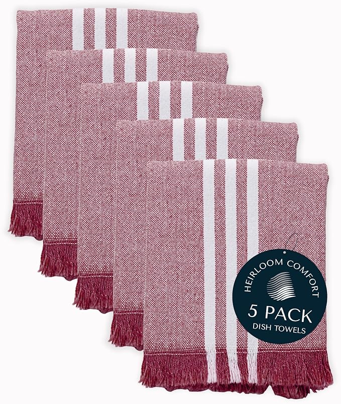 Monochrome Stripe Kitchen Towels 5 Pack, 100% Cotton, 16"x26", Absorbent & Quick Dry, Washable Dish Towels for Drying Dishes & Wiping Counters, Reusable, Easy Care, Burgundy Wine