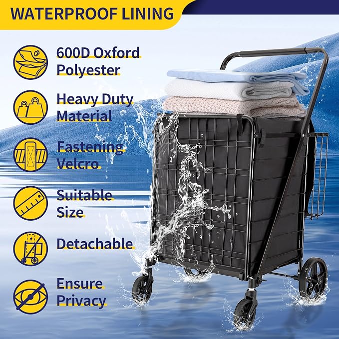 BIEAMA Folding Shopping Cart with Waterproof Liner, Grocery Cart 400 Lb | Utility Cart with Large Bag, Top Cover, 360 Rolling Swivel Wheels, Extra Basket