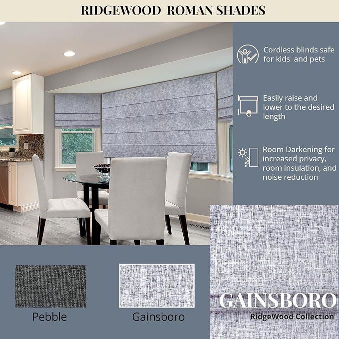 Chicology Cordless Roman Window Shade, Lexington Gainsboro, 47" W x 72" H | Cordless Child-Safe, Room Darkening UV, Inside/Outside Mount, True-to-Size No Cut, Rich Textured Fabric, Spot-Clean Care Only