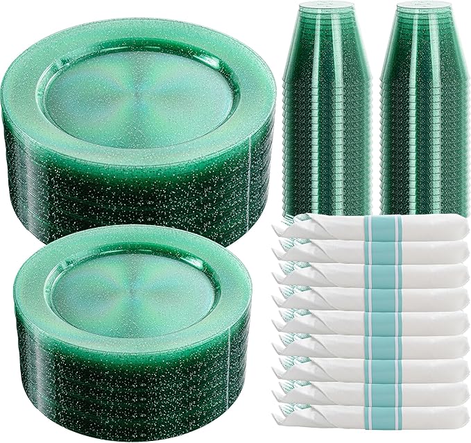DaYammi 350 Pieces Green Glitter Dinnerware Set 50 Guest for Party St Patricks Day Plates - 50 Dinner Plates, 50 Dessert Plates - 50 Per Rolled Napkins with Green Cutlery - 50 Disposable Cups 9 OZ