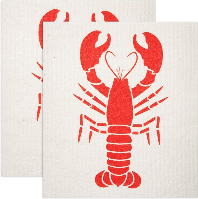 Swedish Dishcloths 2-Pack, Super Absorbent Reusable Cellulose Sponge Cloths, Eco-Friendly Kitchen Cleaning Towels, Machine Washable, with Red Lobster Print, 7.87x6.88 inch