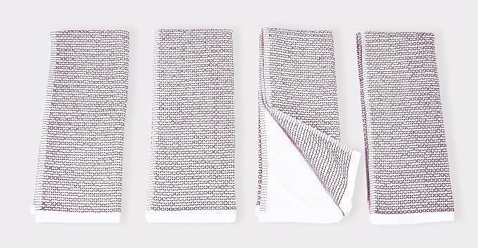 Realm 17" x 27" 100% Cotton Kitchen Towel (4 Pack) | Dobby Textured Eggplant Purple | Soft, Plush & Absorbent with Solid White Backing
